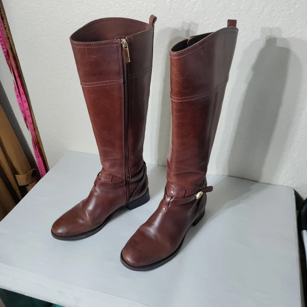 Tory Burch Brown Leather Riding Boots Knee High Logo Hardware 7.5M 22138519‎